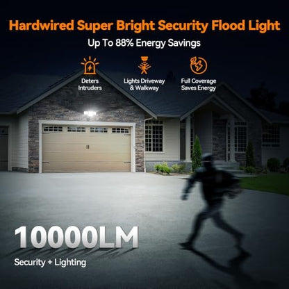 85W 10000LM Motion Sensor Outdoor Lights, 4-Head Super Bright LED Security Light, 5000K Daylight, IP65 Waterproof Hardwired Motion Detector Flood Lights Outdoor for Garage, Yard (Black)