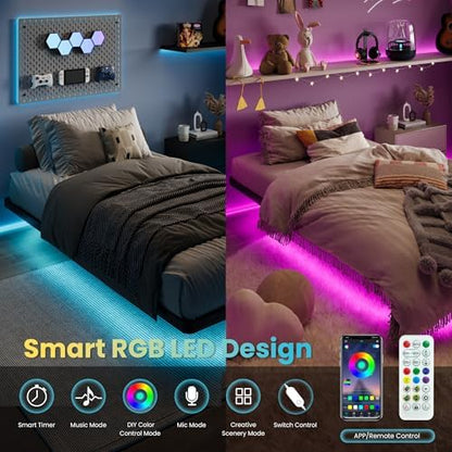 SHA CERLIN Twin Size Floating Bed Frame with Smart LED Lights, Black
