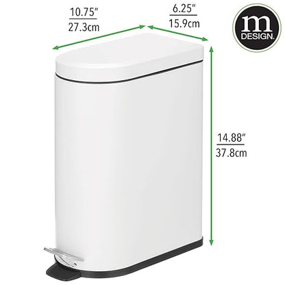 mDesign 10 Liter/2.6 Gallon Stainless Steel Metal Step Trash Can Garbage Bin for Bathroom, Bedroom, Home Office - D-Shape Trashcan with Foot Pedal/Lid, Removable Liner Bucket with Handles, White