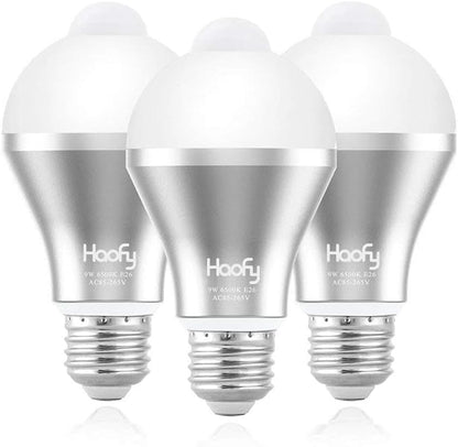 Haofy Motion Sensor Light Bulb, 9W Smart Motion Activated PIR LED Bulbs Automatic On/Off Security Lights Lamp for Stairs Front Door Hallway Yard Garage Basement (E26/E27, 600lumen,Cool White,3 Pack)