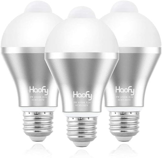 Haofy Motion Sensor Light Bulb, 9W Smart Motion Activated PIR LED Bulbs Automatic On/Off Security Lights Lamp for Stairs Front Door Hallway Yard Garage Basement (E26/E27, 600lumen,Cool White,3 Pack)