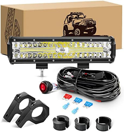 GOOACC 12Inch 300W Triple Row Led Light Bar Spot Flood Combo Off Road Lights Mounting Bracket Horizontal Bar Tube Clamp Led Lamp with Wiring Harness for Truck Golf Cart ATV UTV, 2 Years Warranty