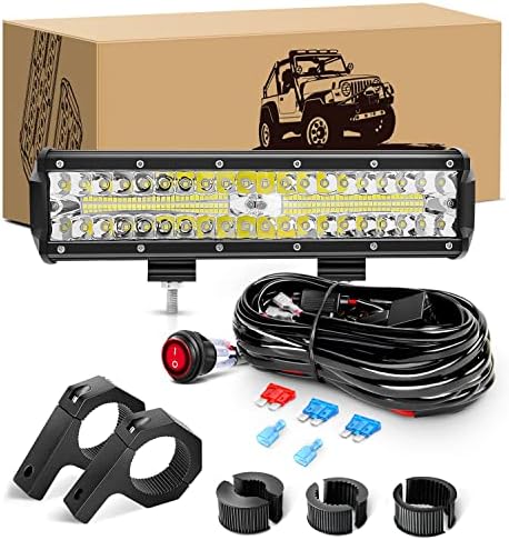 GOOACC 12Inch 300W Triple Row Led Light Bar Spot Flood Combo Off Road Lights Mounting Bracket Horizontal Bar Tube Clamp Led Lamp with Wiring Harness for Truck Golf Cart ATV UTV, 2 Years Warranty