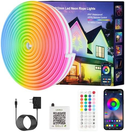 Neon Rope Lights,65.6FT RGB LED Strip Lights, App Control, IR Remote, Music Syncing, Outdoor IP67 Waterproof, Flexible Strip Cuttable for Bedroom, Gaming, Party(2 Rolls of 32.8FT)
