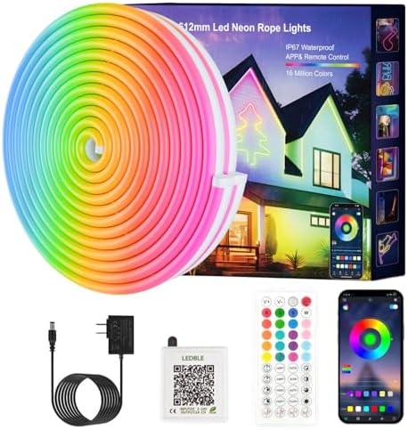 Neon Rope Lights,65.6FT RGB LED Strip Lights, App Control, IR Remote, Music Syncing, Outdoor IP67 Waterproof, Flexible Strip Cuttable for Bedroom, Gaming, Party(2 Rolls of 32.8FT)