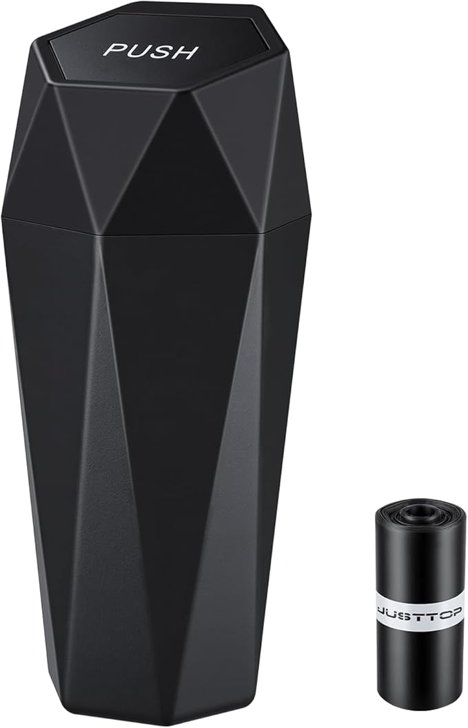 JUSTTOP Car Trash Can with Lid, Diamond Design Small Automatic Portable Trash Can with 1 Trash Bag, Easy to Clean, Used in Car Home Office (Black)