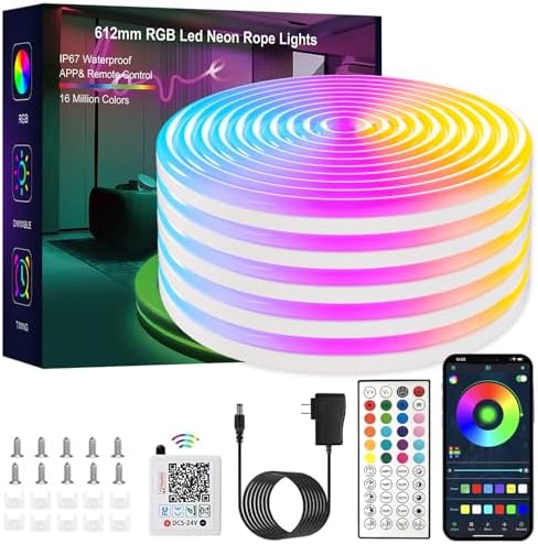 LED neon Lights,50FT RGB Neon Rope Lights,with Remote Control/APP Control,Music Sync,Timer Function,IP67 Waterproof Flexible Neon Strip Lights,for Bedroom Gaming Outdoors Decor