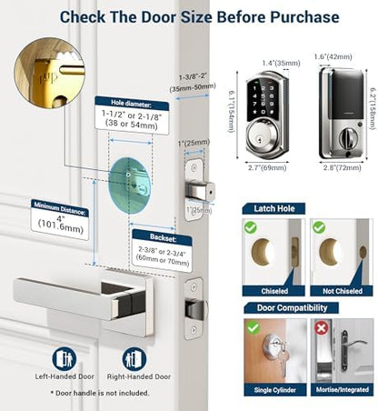 Veise VE06 Smart Lock for Front Door, App Control, Satin Nickel