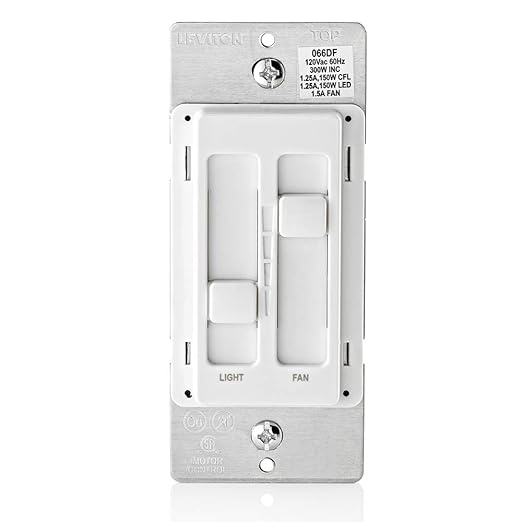 Leviton SureSlide Ceiling Fan Control and Dimmer Switch for LED, Halogen and Incandescent Bulbs, 66DF-10W, White