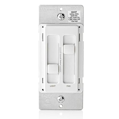 Leviton SureSlide Ceiling Fan Control and Dimmer Switch for LED, Halogen and Incandescent Bulbs, 66DF-10W, White