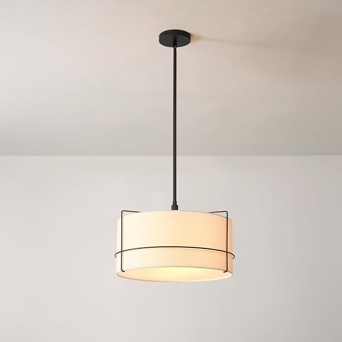 Globe Electric 2-Light Pendant Light, Off-White Fabric Shade with Matte Black Frame & Etched Acrylic Plate, Coastal or Updated Traditional Lighting for Dining Room or Bedroom