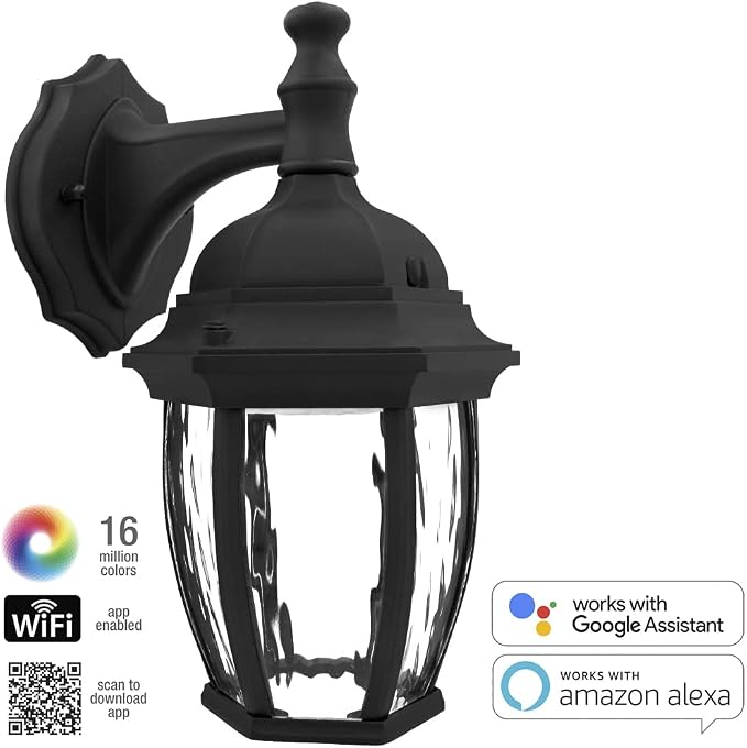 Maxxima Luvoni WiFi LED Outdoor Wall Light, 850 Lumens, CCT 2700K-6500K | Smart, Black w/ Clear Water Glass, App Controlled Porch Lantern, Dimmable, Works with Google Home/Alexa, by Maxxima