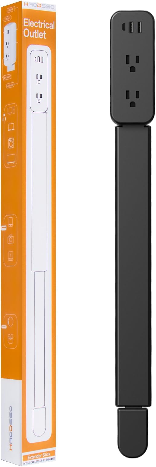 Electrical Outlet Extender Stick - Features USB-A, USB-C and 2 AC Outlets, Extends 22"-34", Rotates 180° Access Hard-to-Reach Outlets, Wall Plug Power Socket Expander Nightstands, Sofa, Desks and More