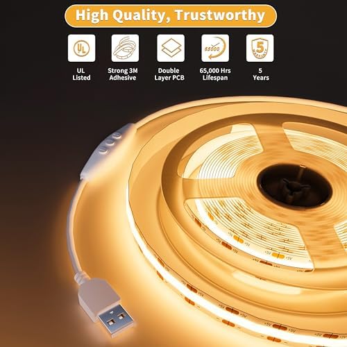 PAUTIX 5V USB COB LED Strip Light 6.56ft/2m 1200lm, Dimmable 640LEDs 2700K Warm White CRI90+ with RF Remote TV Backlight,Flexible Under Cabinet Tape Light for Bedroom,Kitchen,Home DIY Lighting