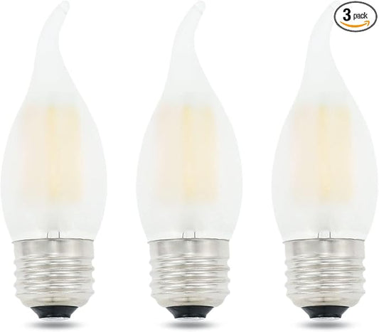LED Candelabra Bulb 4W Dimmable 40W Equivalent,Frosted Glass Flame Tip Shape,E26 Base 2700K Warm White Decorative Chandelier Light Bulbs,3-Pack