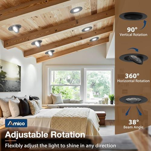 Amico 6 Pack 4 Inch Black 5CCT Gimbal LED Recessed Ceiling Light