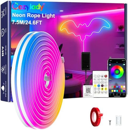 Cozylady RGB Neon Light LED Rope Light,Waterproof Bluetooth APP Remote Control Music Sync Strip Light,24V Flexible DIY Silicone Light for Bedroom Home Indoor Outdoor Decoration