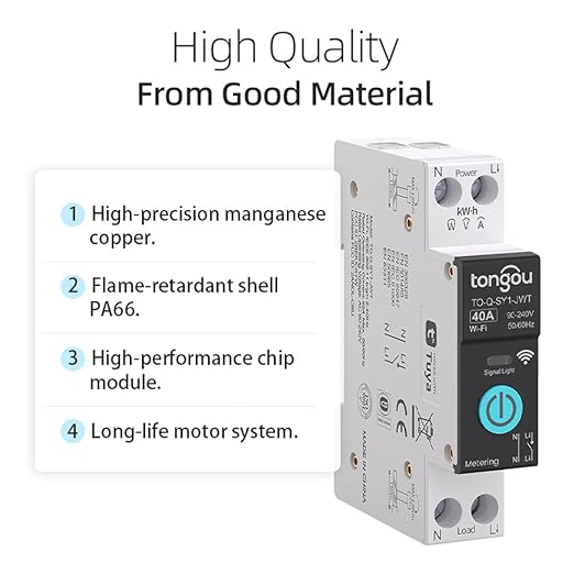 TONGOU DIY 1P+N Smart Wi-Fi Switch, Work with Alexa and Google Assistant for Voice Control, 40A with Energy Monitor, Smart Life/Tuya APP Remote Control, Timer Functions, DIN Rail Mounted,FCC Certified