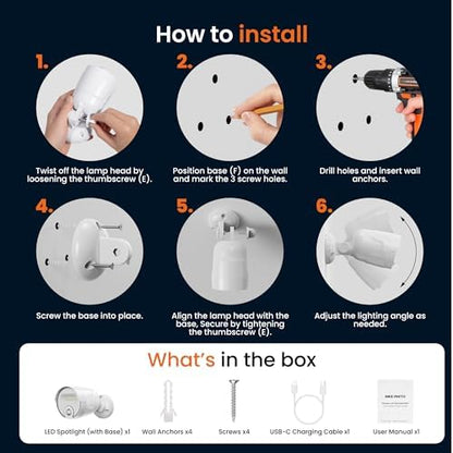 USB Rechargeable Motion Sensor Light Outdoor, 4000mAh Built-in Battery 600 Lumen Spotlight, IP65 Waterproof Cordless Wall Light for Porch Garage House
