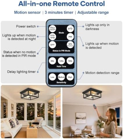 Motion Sensor Outdoor Ceiling Light with Remote, 10 Inch Matte Black Flush Mount Porch Light Fixture with United Glass Cover, 5 Modes Outside Flush Mount Light for Porch, Garage, Patio, Entryway