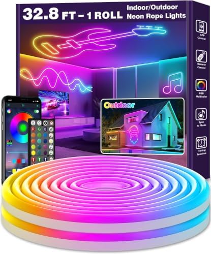 AILBTON 32.8FT Neon Rope Lights, RGB LED Strip Lights, Waterproof IP67 LED Lights for Bedroom, DIY Design, Music Sync, Remote Control, Multiple Modes for Bedroom