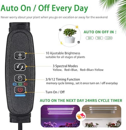 RWNTAO Four Strip Growing Lamp for Indoor Plants, Red & Blue & Yellow Full Spectrum LED Grow Light Strips with Auto ON/Off 3/9/12H Timer,10 Dimmable Levels for Green House Succulent (13 in)