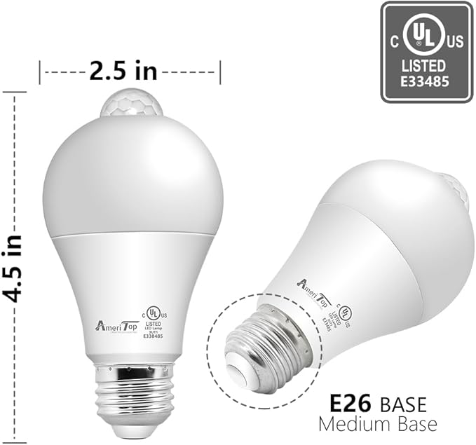 AmeriTop Motion Sensor Light Bulb- 2 Pack, 10W(60W Equivalent) 806lm Motion Activated Dusk to Dawn Security LED Bulb; UL Listed, A19, E26, Auto On/Off Indoor Outdoor Lighting (2700K Soft White)