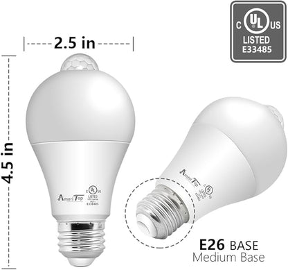 AmeriTop Motion Sensor Light Bulb- 2 Pack, 10W(60W Equivalent) 806lm Motion Activated Dusk to Dawn Security LED Bulb; UL Listed, A19, E26, Auto On/Off Indoor Outdoor Lighting (2700K Soft White)