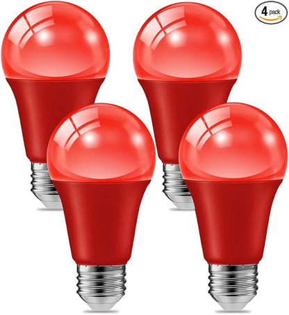 haraqi 4 Pack 9W (60W Equivalent) 120V E26 Base A19 LED Colored Light Bulb, Red LED Lights for Party Christmas Decor and Halloween Lighting