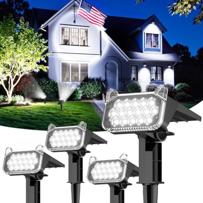 Solar Spot Lights Outdoor Waterproof IP65, Super Bright LEDs with Lens, 6500K 2 Lighting Modes, 2 in 1 Auto On/Off Solar Powered Spotlights for Yard Flag Landscape Tree, 4 Pack, Cool White
