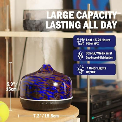 Porseme 500ml Glass Essential Oil Diffuser Aromatherapy Ultrasonic Cool Mist Humidifier 15-21 Running Hours Waterless Auto-Off Air Diffusers for Sleeping Yoga Working Spa(Cobalt Blue)