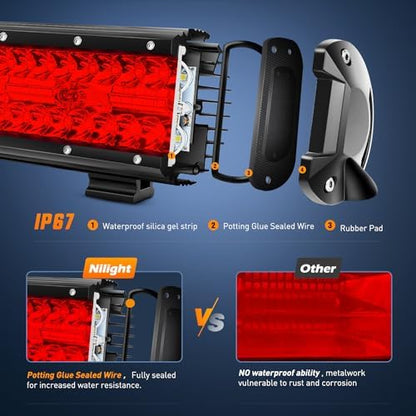 Nilight LED Light Bar 12 Inch 240W Red Pod Lights Triple Row Spot Flood Combo 30000LM Driving Boat Off Road Lighting for Trucks Pickup Golf Cart SUV ATV UTV 4x4 Van Camper Tractor