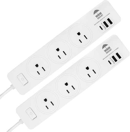 WBM Smart Power Strip 5.9 ft 10 A - Extention Cord Socket, Pack of 2 with 2 USB Ports and 1 Type C Plug, Multi Outlet Extender for Home, Office and Dorm Room