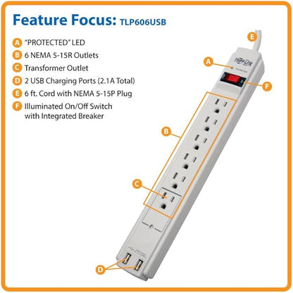 Tripp Lite 6 Outlet Surge Protector Power Strip 6ft Cord 990 Joules Dual USB Charging LED & INSURANCE (TLP606USB