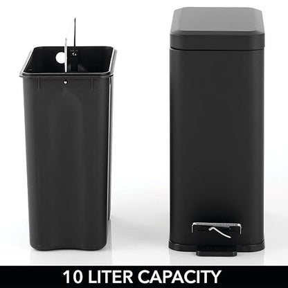 mDesign Pedal Bin — Waste Bin with Pedal, Lid and Plastic Bucket Insert for Bathroom, Kitchen, and Office — Metal Household Rubbish Bin with Ergonomic Design — Black