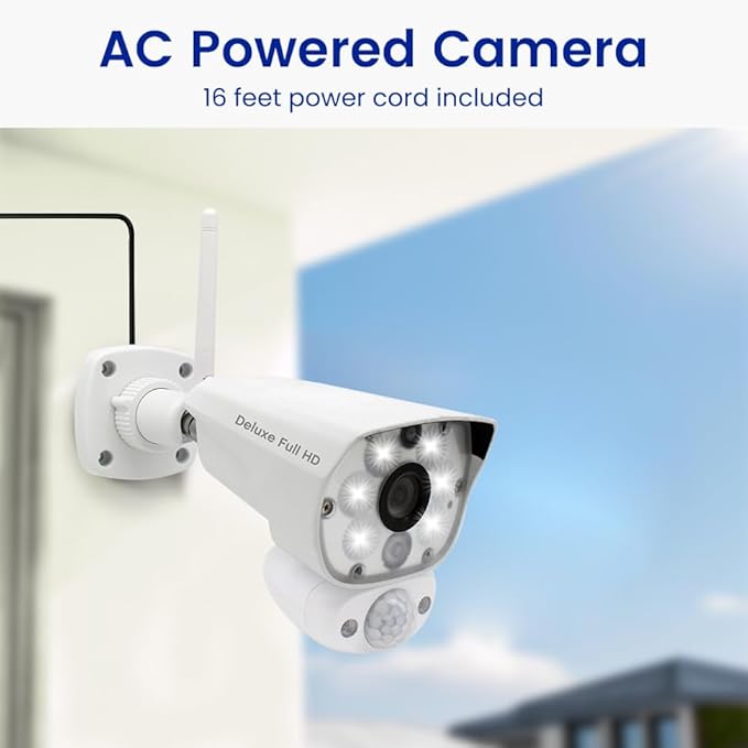 CasaCam Deluxe Wireless Security Camera System | 2 1080p Floodlight Cameras and one 7" Touchscreen Monitor | AC Powered, Two-Way Audio, Free APP, 32GB SD Card and Battery Installed, Model VS5002
