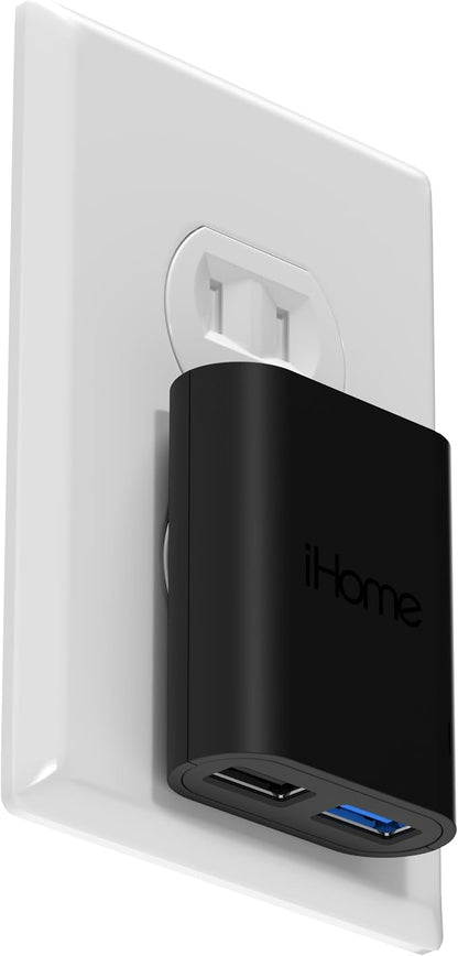 iHome Slim 2-Port USB Wall Charger, Flat Multiport Travel Plug Adapter | Dual USB-A ports, 2.4A Rapid Charge, Foldable Prongs, Slim Design, Compatible with iPhone, Android, iPad, AirPods for Home