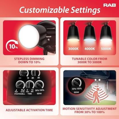 RAB Lighting LU160 Luminator Motion Sensor Outdoor Lights - Flood Light for Security, Outside Dusk to Dawn Photocell, 3000k–5000k Tunable, IP65 Weatherproof Rating, 160°Coverage, 50 Ft Range (Black)