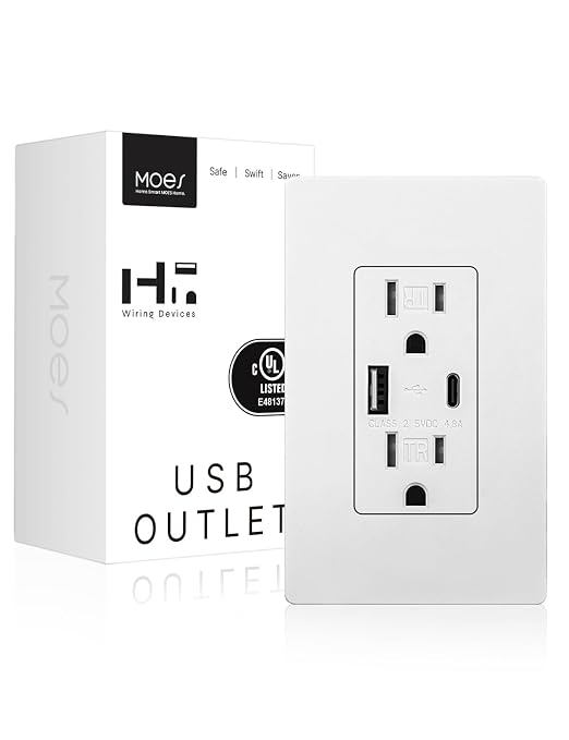 MOES USB Wall Outlet 15 Amp, USB-C and USB-A 24W Charging, White, 1 Pack
