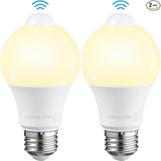 TORCHSTAR 2-Pack A19 Motion Sensor LED Light Bulb, 900LM, E26, 3000K