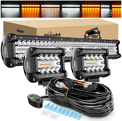 Nilight 20inch Light Bar 4inch Pod Amber White Strobe 6 Modes Light Kit