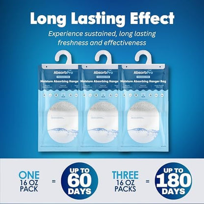 Absorb Pro - Moisture Absorbing Hanger Bag Fragrance Free - 3-Pack - 16 oz Hanging Dehumidifying Packs for Home, Kitchen, Bedroom, Bathroom, Closet, Small Rooms, Cars
