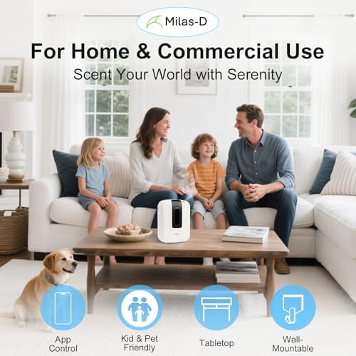Waterless Essential Oil Diffuser for Home and Commercial, 13.5 fl.oz. Capacity Up to 2000 sqft, Smart Scent Air Machine, Aromatherapy Scent Diffuser for Large Room, Bluetooth, Cold Air, Milas-D