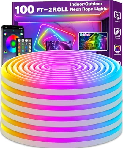 AILBTON Led Neon Rope Lights 100Ft,Flexible,Control with App/Remote,Multiple Modes,IP65 Outdoor RGB Waterproof,Music Sync Gaming Strip Lights for Bedroom Indoor