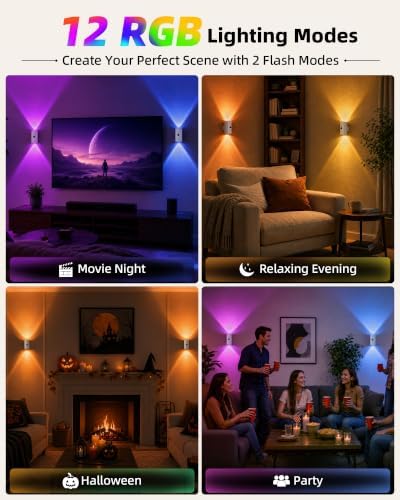 EZVALO Motion Sensor Wall Sconces, Battery Operated Wall Lights with 4000mAh Rechargeable Battery, 3 CCT & 12 RGB Color, Wireless Remote LED Lights for Hallway, Stairway (White, 4 Pack)