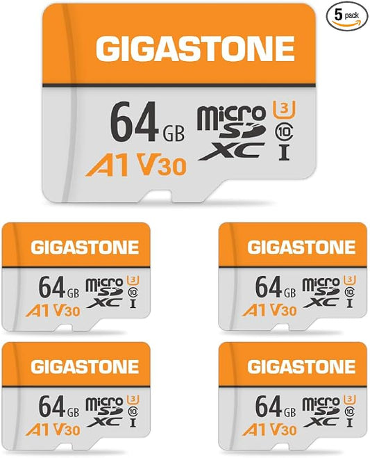GIGASTONE 64GB Micro SD Card 5-Pack, A1 V30 4K Video Recording, Surveillance, Security Camera, Dash Cam, Drone, 95MB/s MicroSDXC Memory Card UHS-I Class 10, with Adapter