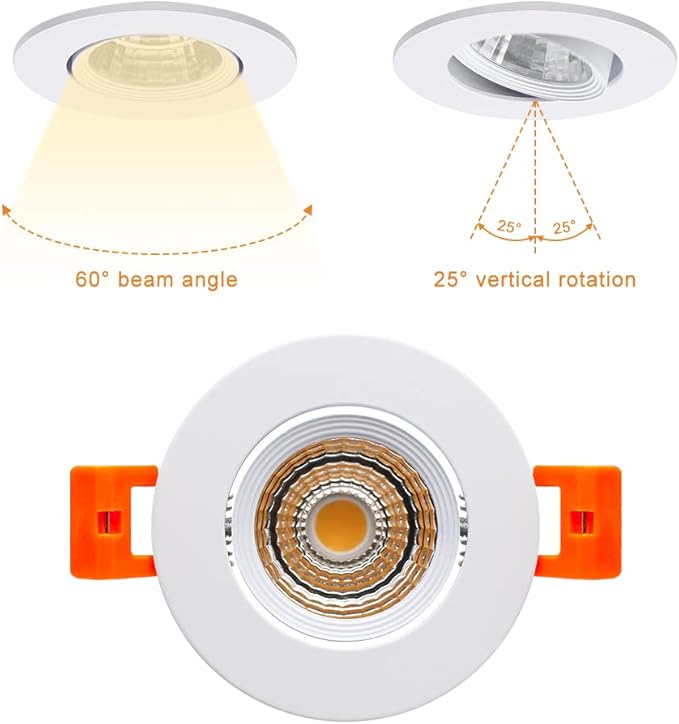 LightingWill 2Inch LED Recessed Ceiling Light, 3W Dimmable LED Downlight, 60 Beam Angle, Warm White 3000K-3500K, 25W Halogen Bulbs Equivalent, White, 1 Pack