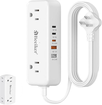 Beeiker 30W 3 USB C Travel Power Strip- 5Ft Extension Cord with 5 USB and 4 Outlets, Compact Flat Plug Small Extension Cord for Travel Cruise College Dorm Office White