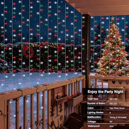 echosari Red White and Green Christmas Curtain Lights Battery Operated