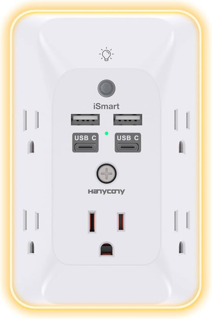 Multi Plug Outlet, HANYCONY Outlet Extender with 4 USB Ports (2 USB C) and Night Light, 1050J Surge Protector, Wall Mount, Outlet Splitter for Bathroom Kicthen Camper Dorm Room Essentials